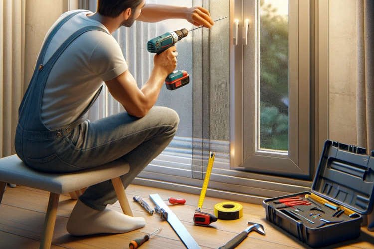 A realistic and detailed image of a person installing a mosquito net on an aluminum window